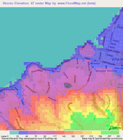 Recreo,Chile Elevation Map
