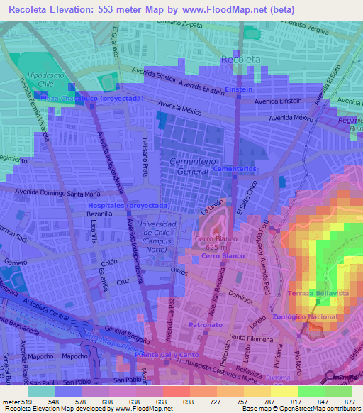 Recoleta,Chile Elevation Map