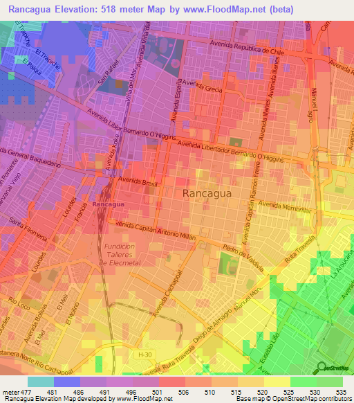 Rancagua,Chile Elevation Map