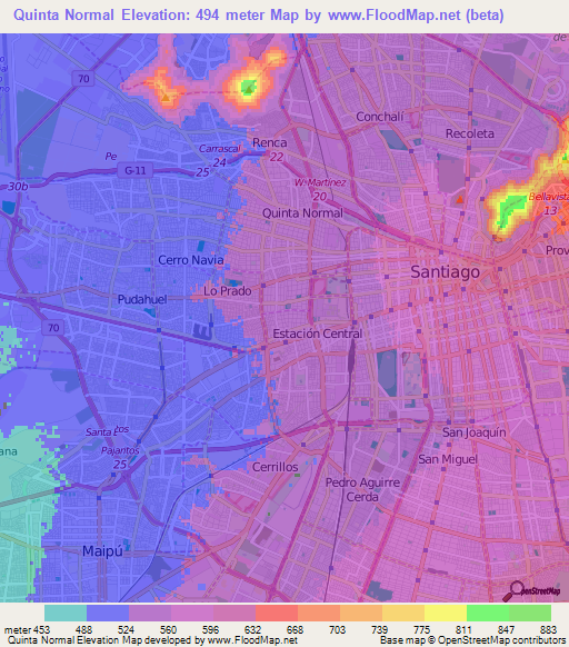 Quinta Normal,Chile Elevation Map