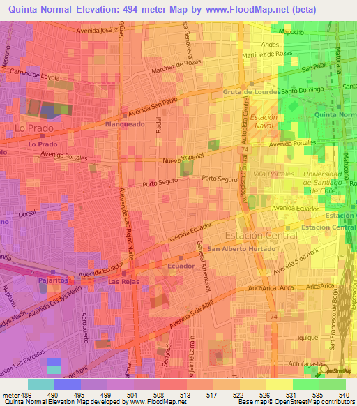 Quinta Normal,Chile Elevation Map