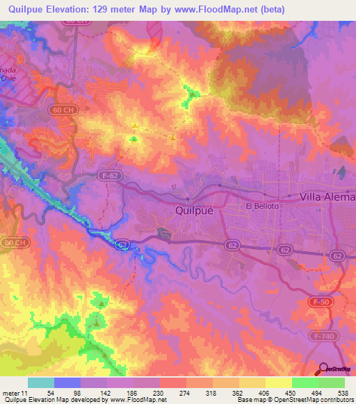 Quilpue,Chile Elevation Map