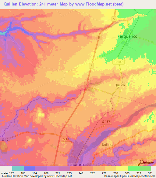 Quillen,Chile Elevation Map