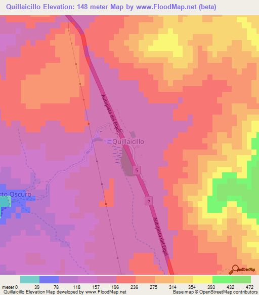 Quillaicillo,Chile Elevation Map