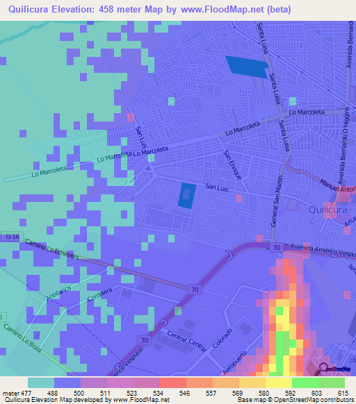 Quilicura,Chile Elevation Map