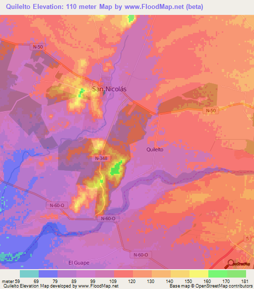 Quilelto,Chile Elevation Map