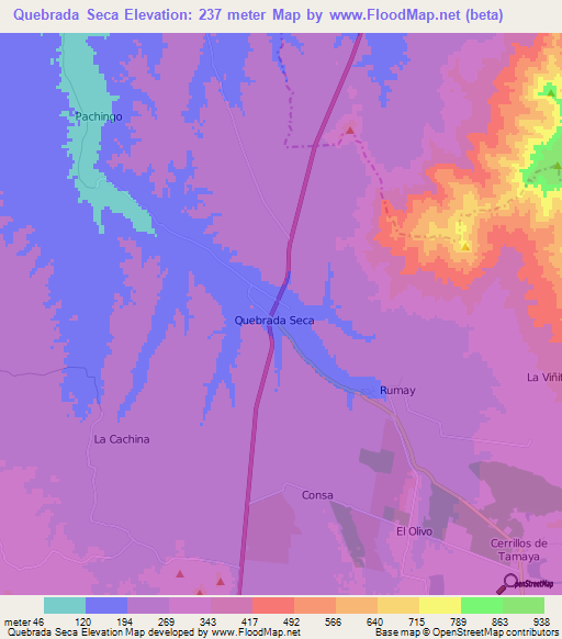 Quebrada Seca,Chile Elevation Map