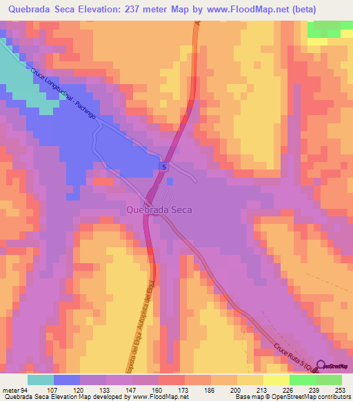 Quebrada Seca,Chile Elevation Map