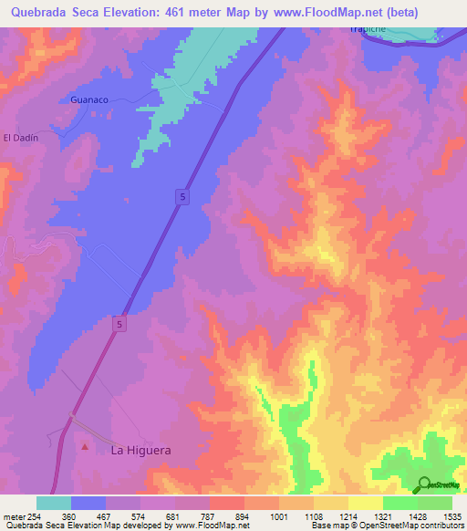 Quebrada Seca,Chile Elevation Map