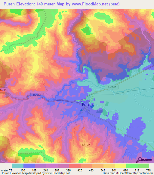 Puren,Chile Elevation Map