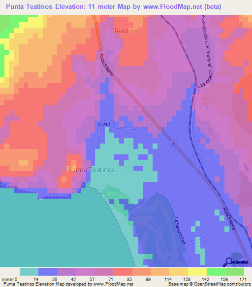 Punta Teatinos,Chile Elevation Map