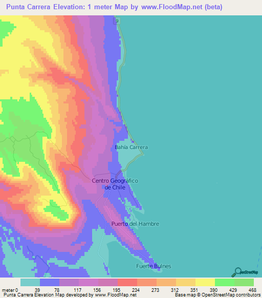 Punta Carrera,Chile Elevation Map