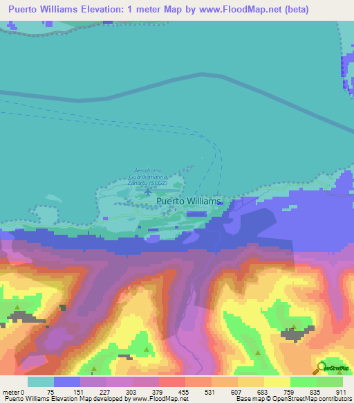 Puerto Williams,Chile Elevation Map