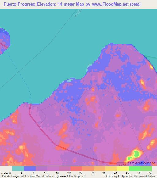 Puerto Progreso,Chile Elevation Map