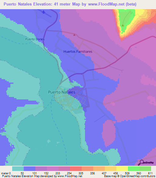 Puerto Natales,Chile Elevation Map