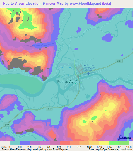 Puerto Aisen,Chile Elevation Map