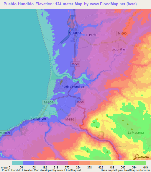 Pueblo Hundido,Chile Elevation Map