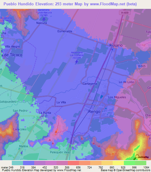 Pueblo Hundido,Chile Elevation Map