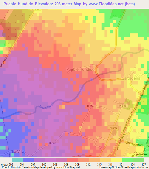 Pueblo Hundido,Chile Elevation Map