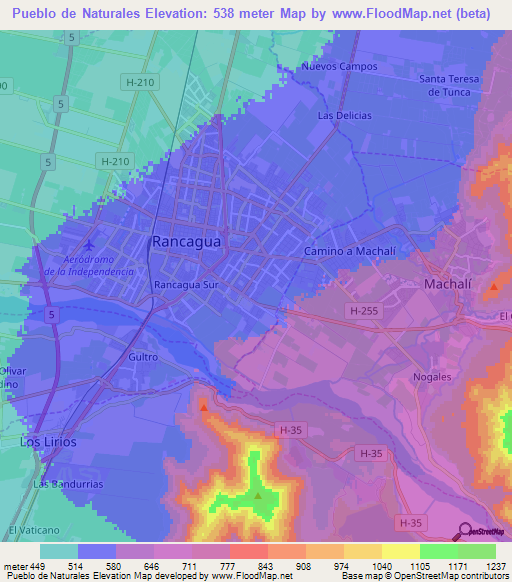 Pueblo de Naturales,Chile Elevation Map