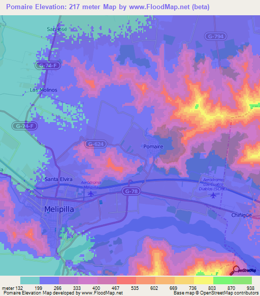 Pomaire,Chile Elevation Map