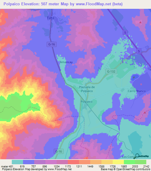 Polpaico,Chile Elevation Map