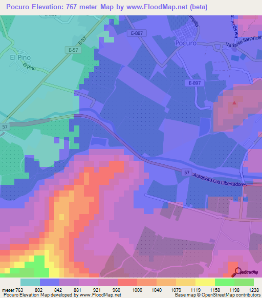Pocuro,Chile Elevation Map