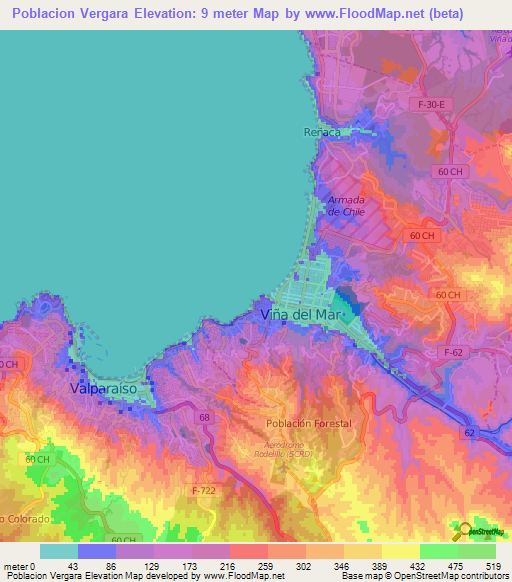 Poblacion Vergara,Chile Elevation Map