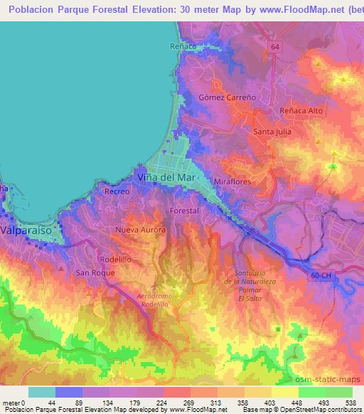 Poblacion Parque Forestal,Chile Elevation Map
