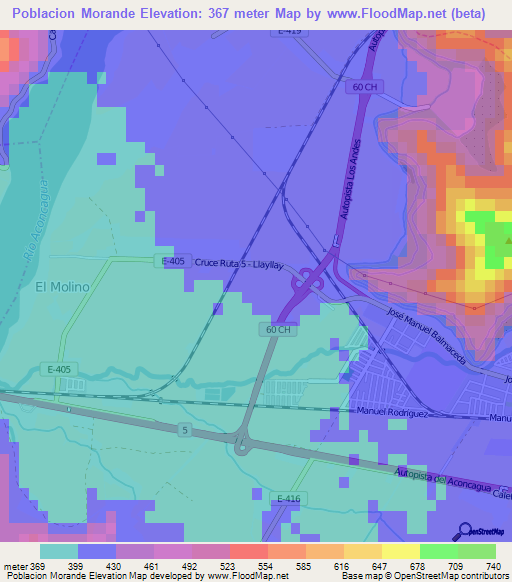 Poblacion Morande,Chile Elevation Map