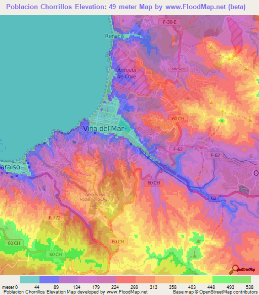 Poblacion Chorrillos,Chile Elevation Map