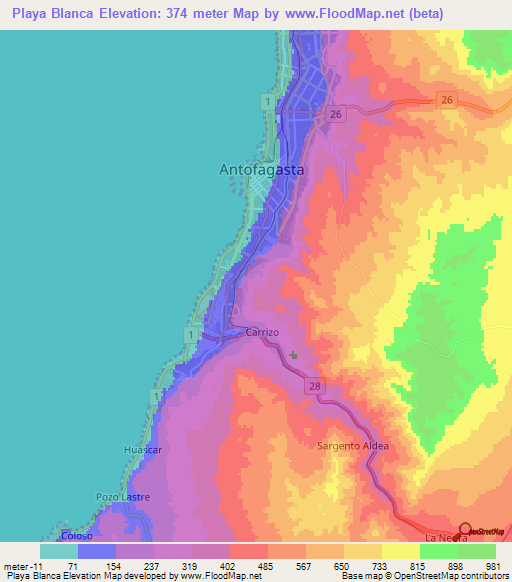 Playa Blanca,Chile Elevation Map