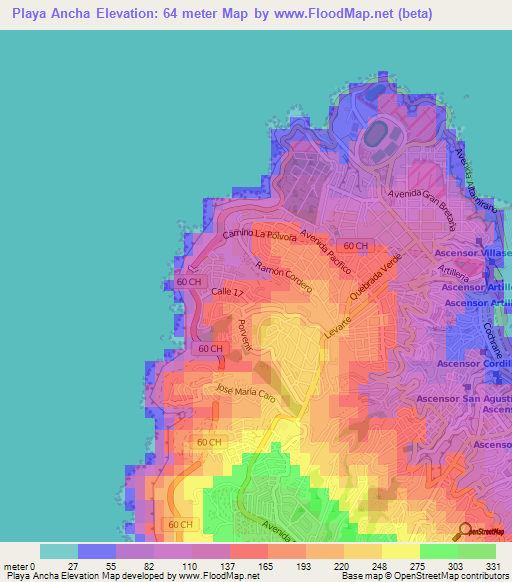 Playa Ancha,Chile Elevation Map