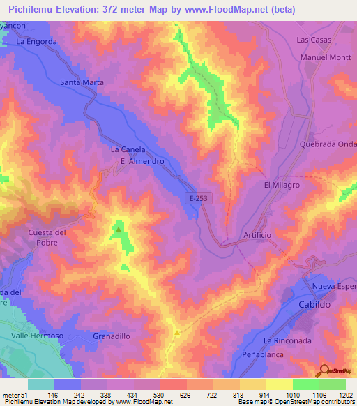 Pichilemu,Chile Elevation Map