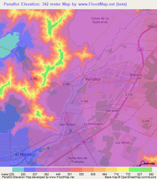Penaflor,Chile Elevation Map