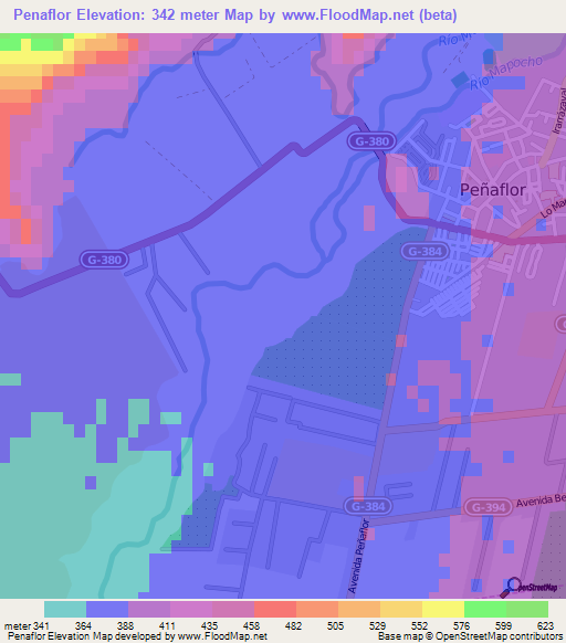 Penaflor,Chile Elevation Map