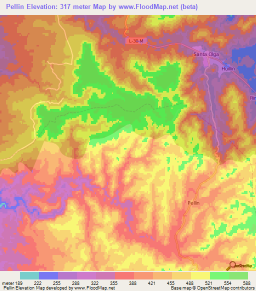 Pellin,Chile Elevation Map