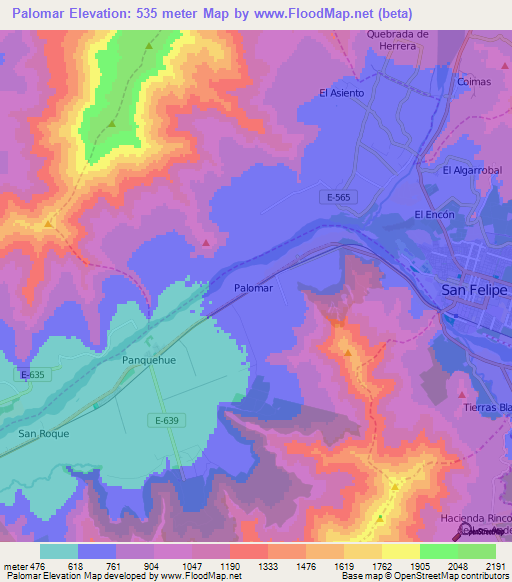 Palomar,Chile Elevation Map