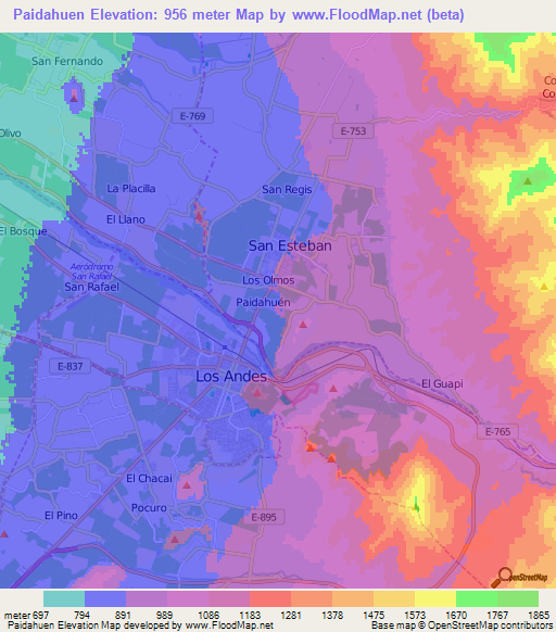 Paidahuen,Chile Elevation Map