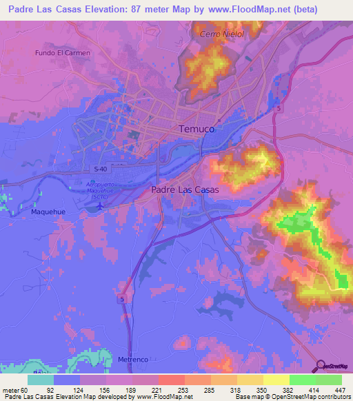 Padre Las Casas,Chile Elevation Map