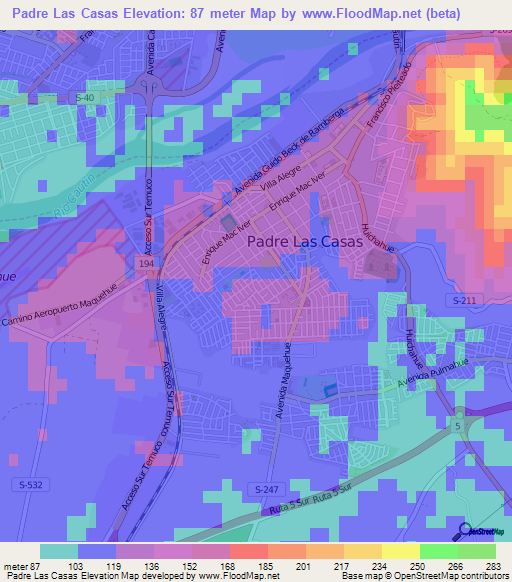 Padre Las Casas,Chile Elevation Map