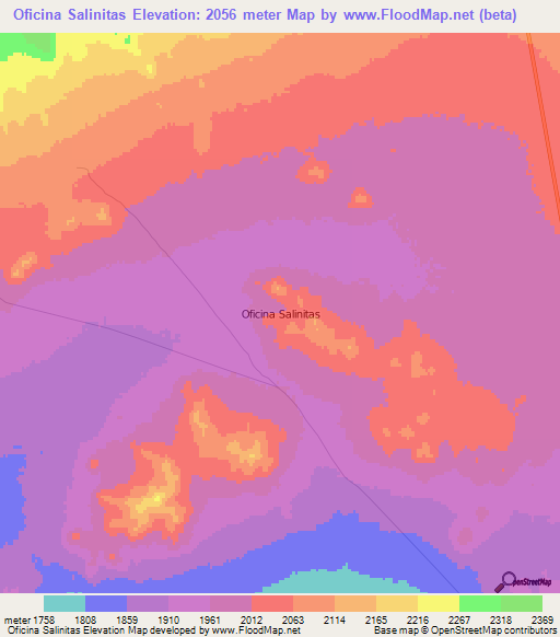 Oficina Salinitas,Chile Elevation Map