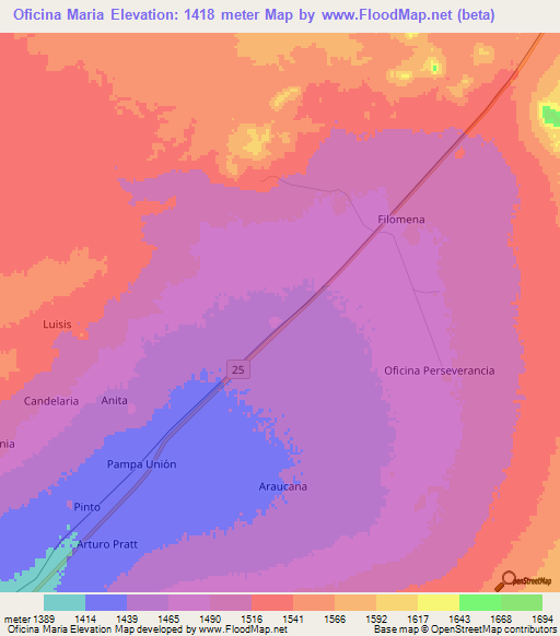 Oficina Maria,Chile Elevation Map