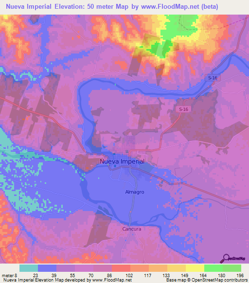 Nueva Imperial,Chile Elevation Map