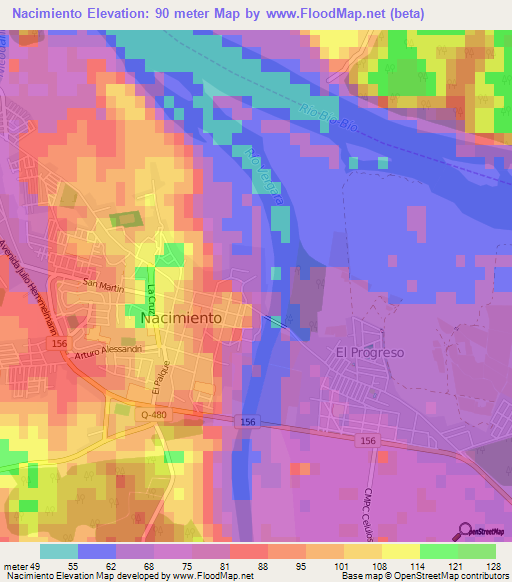 Nacimiento,Chile Elevation Map