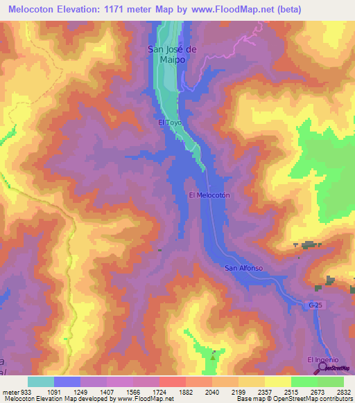 Melocoton,Chile Elevation Map