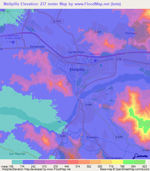 Melipilla,Chile Elevation Map