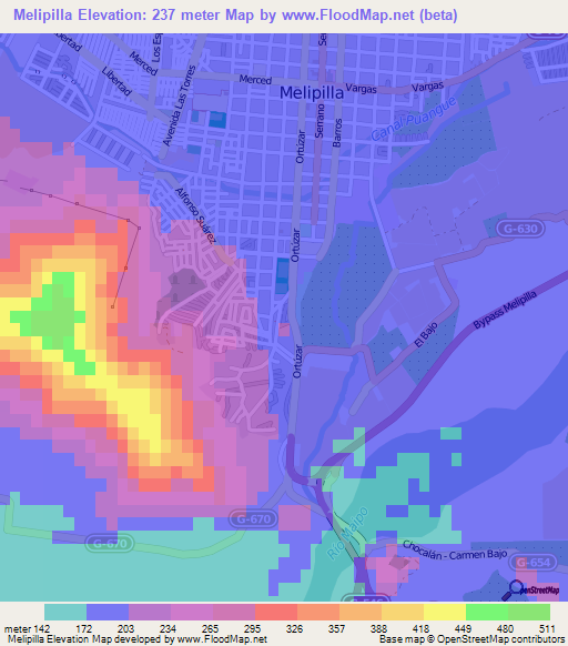 Melipilla,Chile Elevation Map