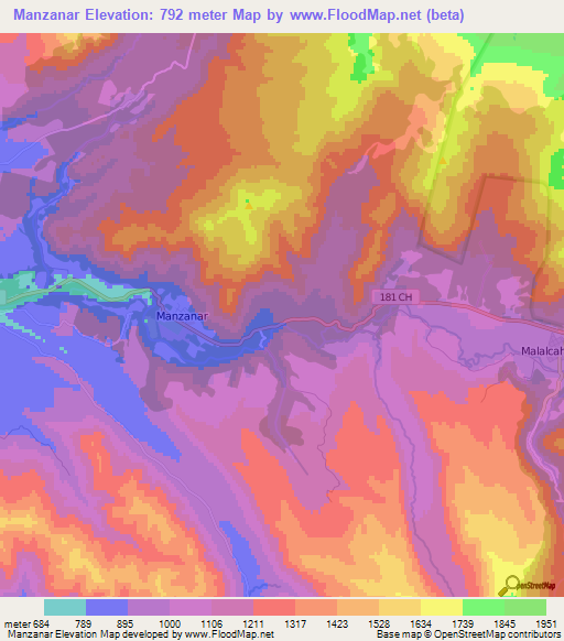 Manzanar,Chile Elevation Map
