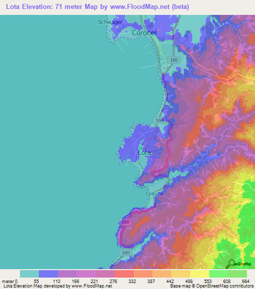 Lota,Chile Elevation Map